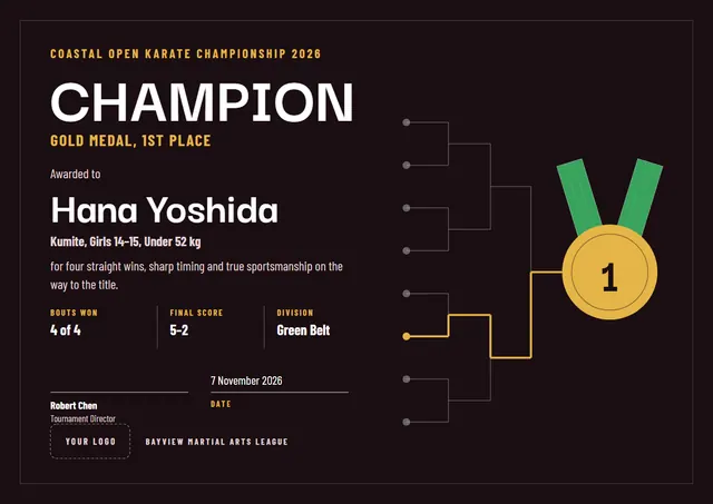 Sunshine Yellow Medal Martial Arts Tournament Winner Certificate template, A4 landscape, in sunshine yellow