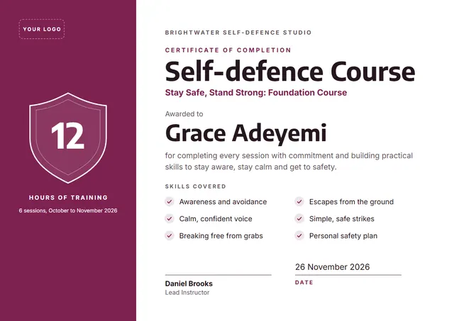 Burgundy Badge Self-defence Course Certificate template, A4 landscape, in burgundy