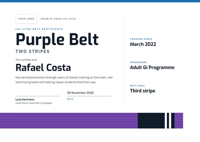 Purple Banded Jiu-jitsu Belt Certificate template, A4 landscape, in purple