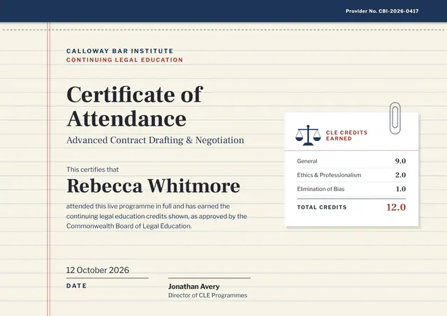 Navy Ticket Legal CLE Credits Certificate template, A4 landscape, in navy