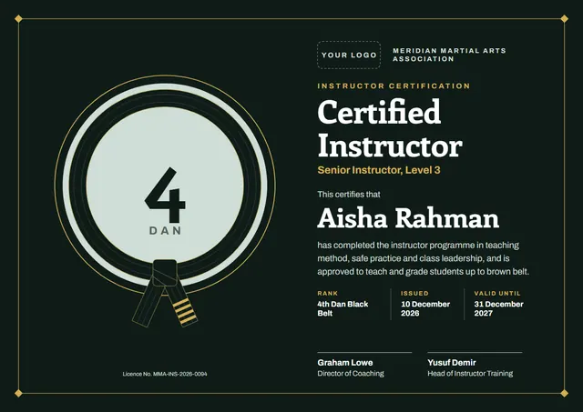 Forest Green Medal Martial Arts Instructor Certificate template, A4 landscape, in forest green