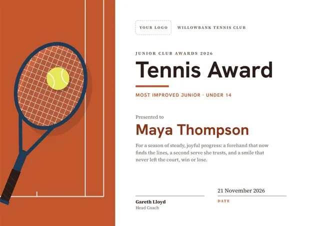 Terracotta Wave Tennis Award template, A4 landscape, in terracotta