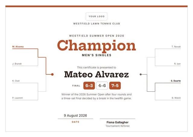 Terracotta Bordered Tennis Tournament Champion Certificate template, A4 landscape, in terracotta