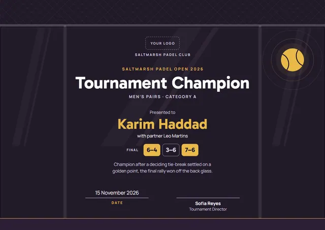 Black Wave Padel Tournament Champion Certificate template, A4 landscape, in black