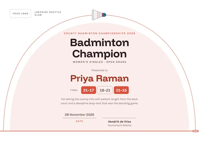 Brick Red Banded Badminton Champion Certificate template, A4 landscape, in brick red