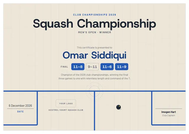 Ocean Blue Wave Squash Championship Certificate template, A4 landscape, in ocean blue