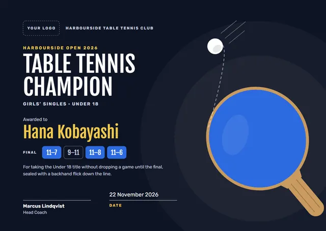 Midnight Modern Table Tennis Champion Certificate No. 2 template, A4 landscape, in midnight blue