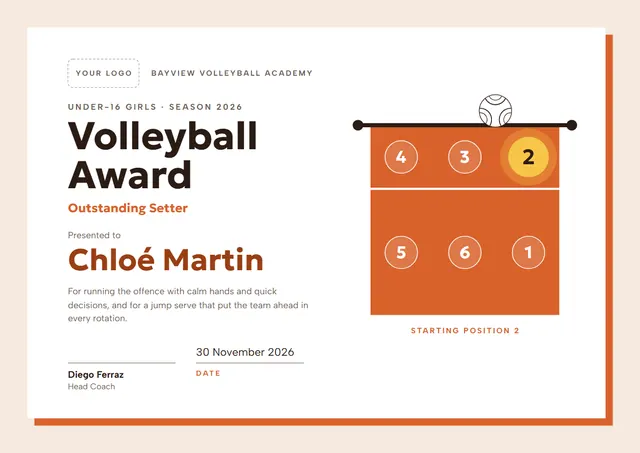 Terracotta Wave Volleyball Award template, A4 landscape, in terracotta