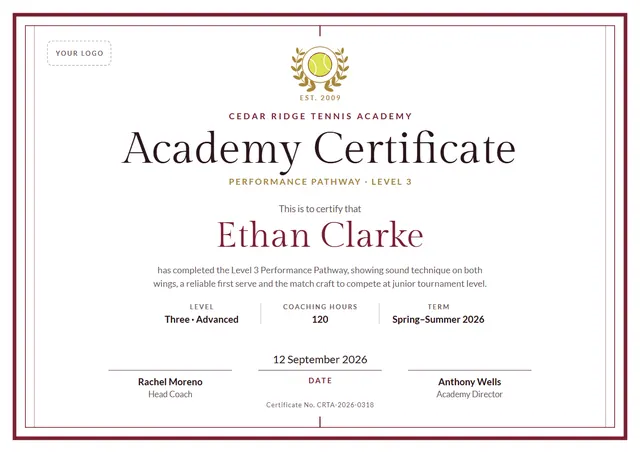 Burgundy Laurel Tennis Academy Certificate template, A4 landscape, in burgundy