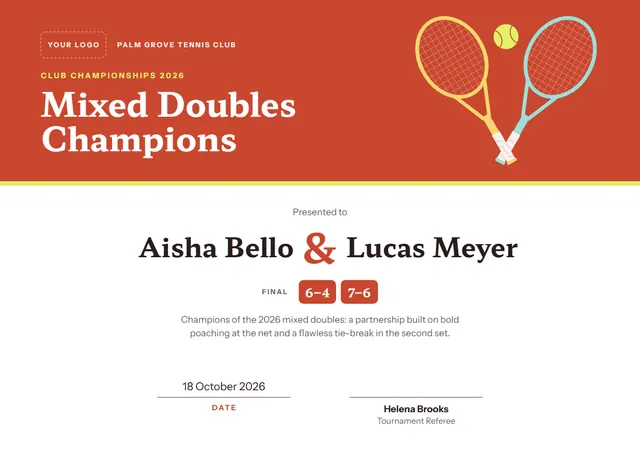 Terracotta Wave Mixed Doubles Champions Certificate template, A4 landscape, in terracotta
