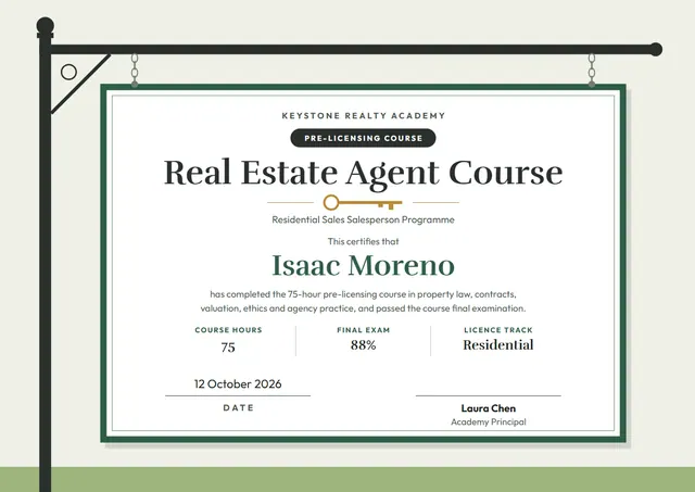 Forest Green Cloud Real Estate Agent Course Certificate template, A4 landscape, in forest green