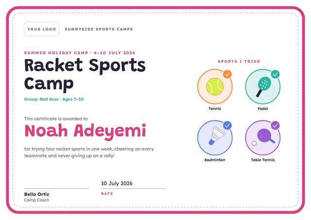 Rose Wave Racket Sports Camp Certificate template, A4 landscape, in rose
