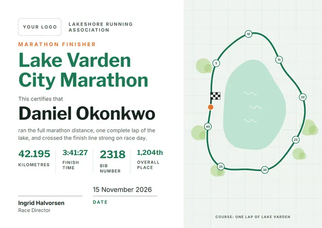 Emerald Starry Marathon Finisher Certificate template, A4 landscape, in emerald
