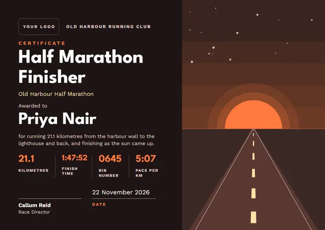 Black Sunburst Half Marathon Finisher Certificate template, A4 landscape, in black