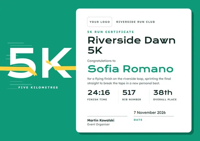 Jade Chart 5K Run Certificate template, A4 landscape, in jade