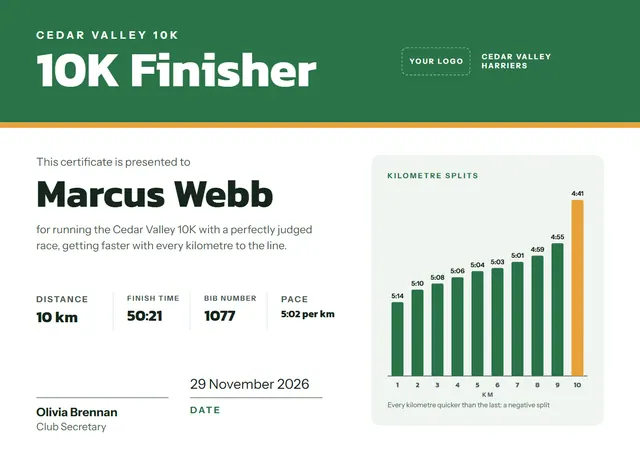 Emerald Chart 10K Run Certificate template, A4 landscape, in emerald