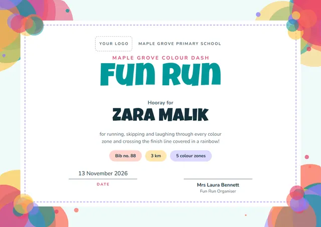Teal Playful Fun Run Certificate template, A4 landscape, in teal