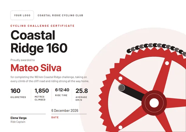 Red Chart Cycling Challenge Certificate template, A4 landscape, in red