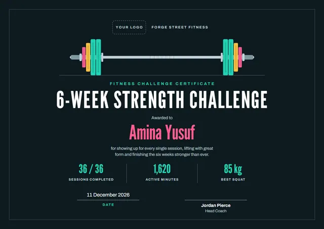 Black Chart Fitness Challenge Certificate template, A4 landscape, in black