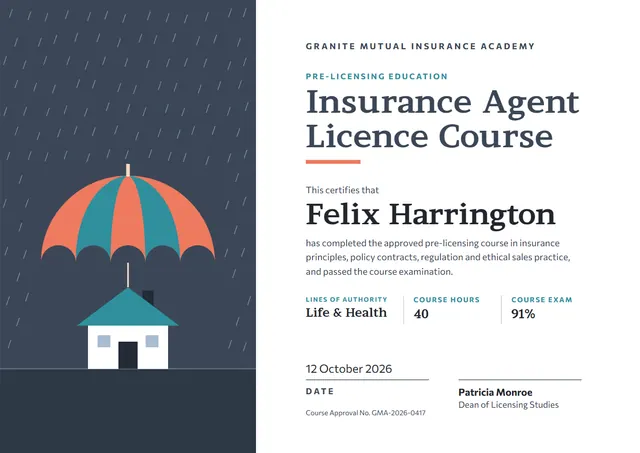 Charcoal Banded Insurance Agent Licence Course Certificate template, A4 landscape, in charcoal grey