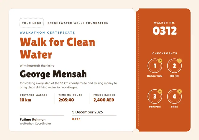 Terracotta Badge Walkathon Certificate template, A4 landscape, in terracotta