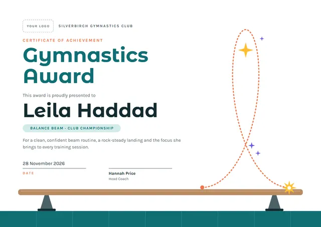 Teal Starry Gymnastics Award template, A4 landscape, in teal