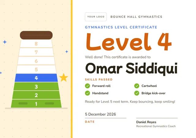 Orange Starry Gymnastics Level Certificate template, A4 landscape, in orange