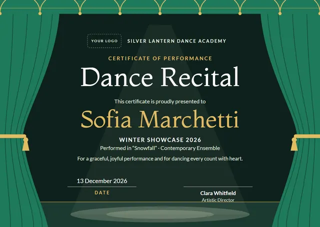 Forest Green Modern Dance Recital Certificate template, A4 landscape, in forest green