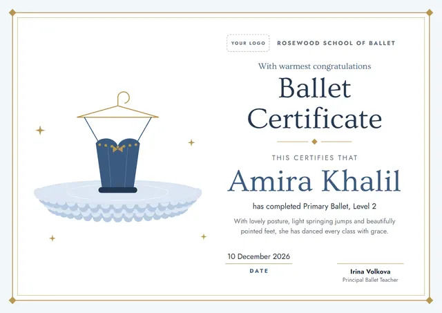 Steel Blue Starry Ballet Certificate template, A4 landscape, in steel blue