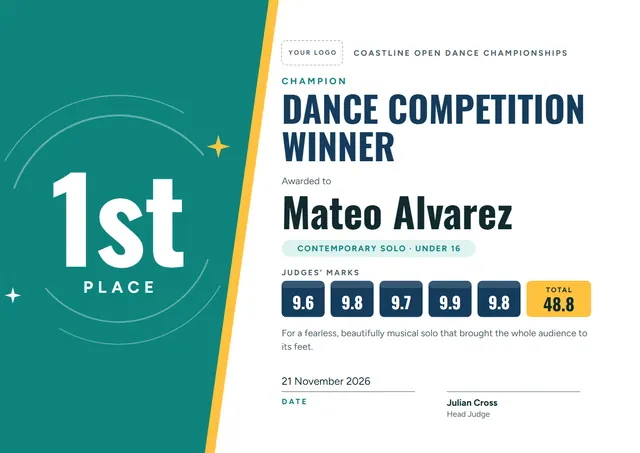 Sunshine Yellow Starry Dance Competition Winner Certificate template, A4 landscape, in sunshine yellow