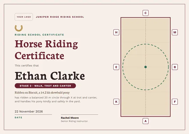 Burgundy Bordered Horse Riding Certificate template, A4 landscape, in burgundy