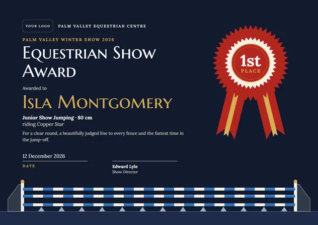Classic Midnight Rosette Equestrian Show Award template, A4 landscape, in midnight blue