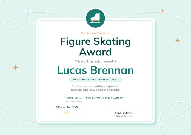 Mint Starry Figure Skating Award template, A4 landscape, in mint