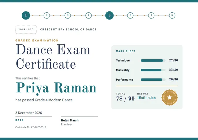 Navy Seal Dance Exam Certificate template, A4 landscape, in navy