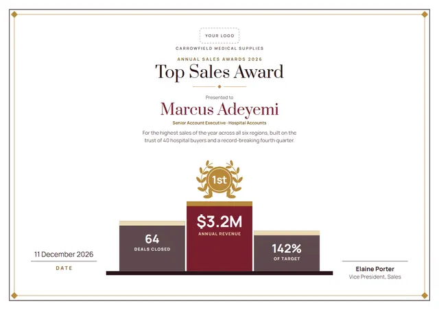 Burgundy Laurel Top Sales Award template, A4 landscape, in burgundy