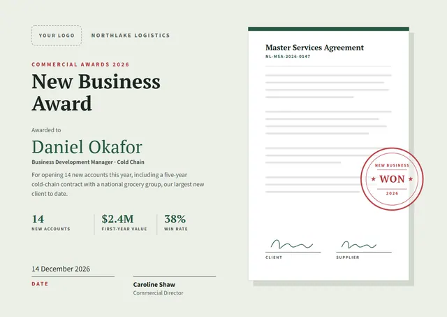 Forest Green Starry New Business Award template, A4 landscape, in forest green