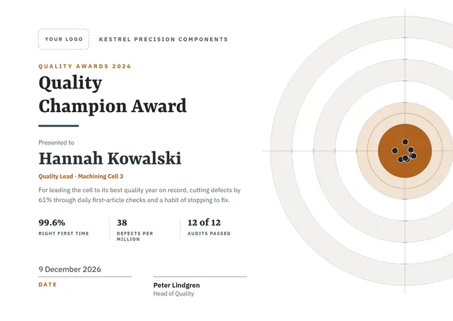Bronze Banded Quality Champion Award template, A4 landscape, in bronze