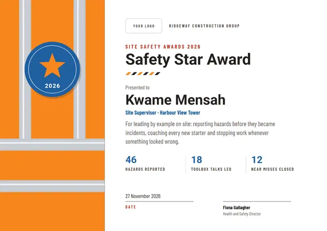 Orange Starry Safety Star Award template, A4 landscape, in orange