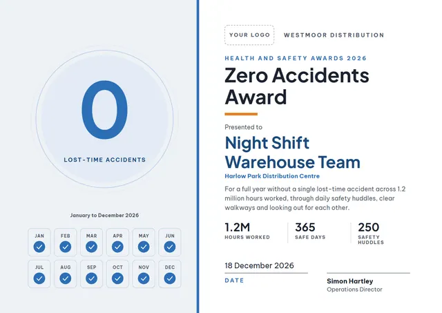 Steel Blue Banded Zero Accidents Award template, A4 landscape, in steel blue