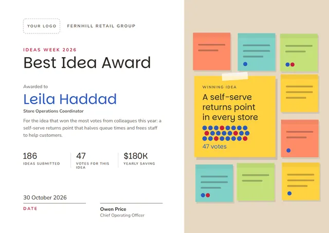 Sunshine Yellow Modern Best Idea Award template, A4 landscape, in sunshine yellow
