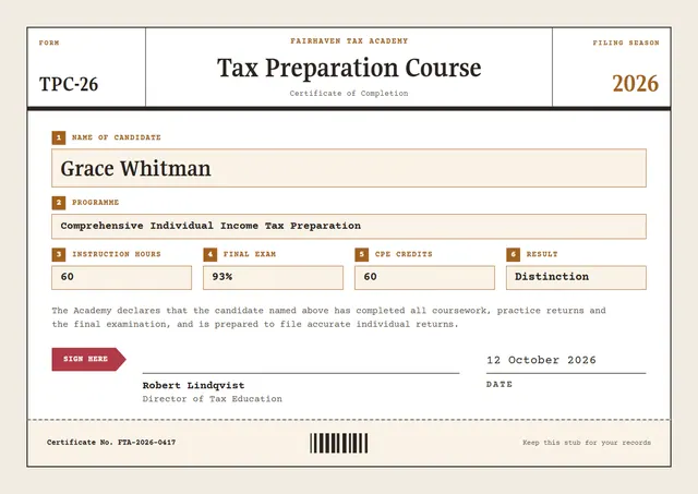 Bronze Ticket Tax Preparation Course Certificate template, A4 landscape, in bronze