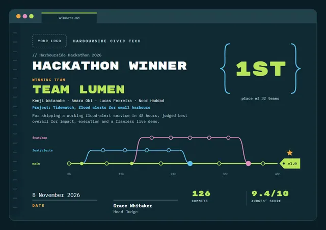 Black Starry Hackathon Winner Certificate template, A4 landscape, in black