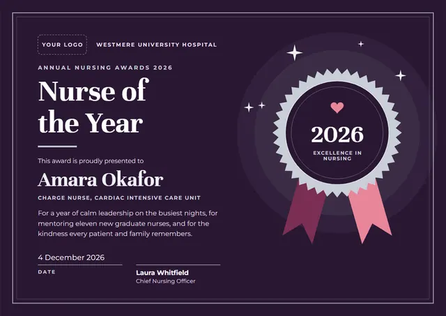 Classic Midnight Rosette Nurse of the Year Award template, A4 landscape, in midnight blue