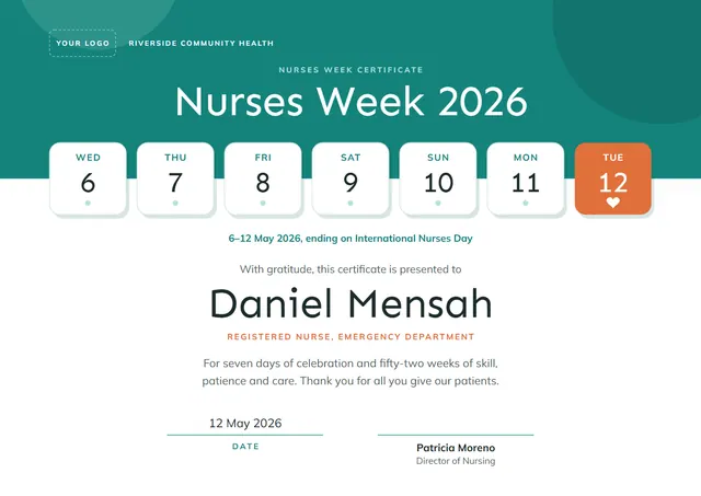 Teal Heart Nurses Week Certificate template, A4 landscape, in teal
