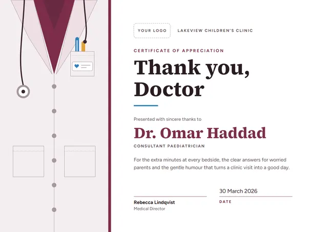 Burgundy Heart Doctor Appreciation Certificate template, A4 landscape, in burgundy