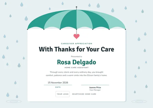 Silver Wave Caregiver Appreciation Certificate template, A4 landscape, in silver