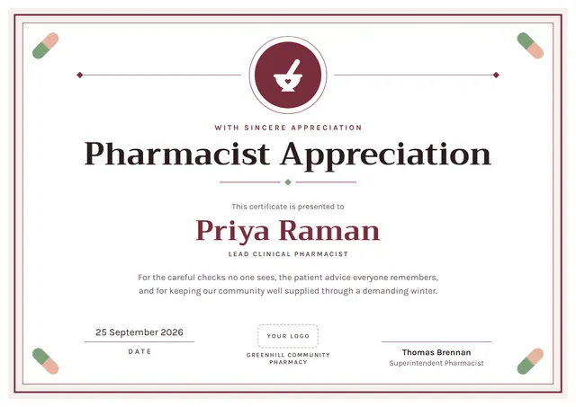 Crimson Medal Pharmacist Appreciation Certificate template, A4 landscape, in crimson