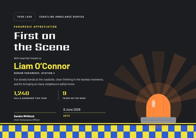 Sunshine Yellow Sunburst Paramedic Appreciation Certificate template, A4 landscape, in sunshine yellow