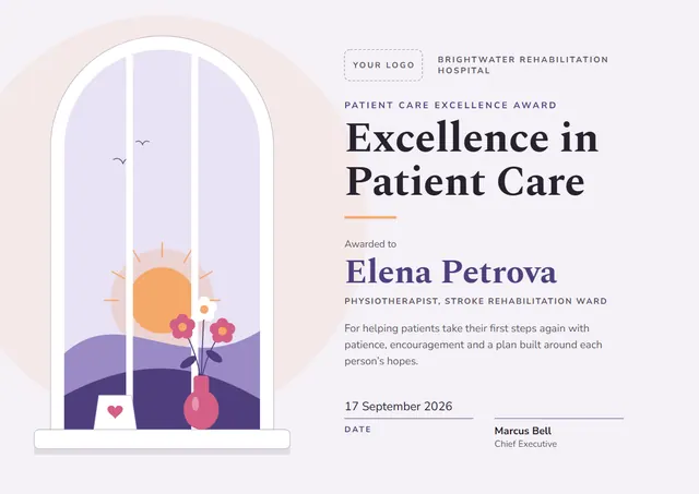 Slate Sunburst Patient Care Excellence Award template, A4 landscape, in slate grey