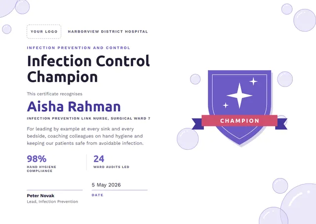 Indigo Ribbon Infection Control Champion Award template, A4 landscape, in indigo